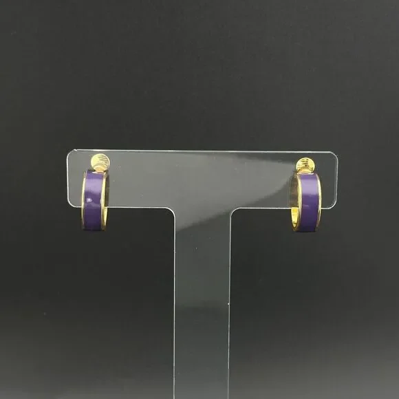 Vintage Sarah Coventry Gold Tone Purple Enamel Hoop Clip On Earrings 3/4" - Picture 2 of 11